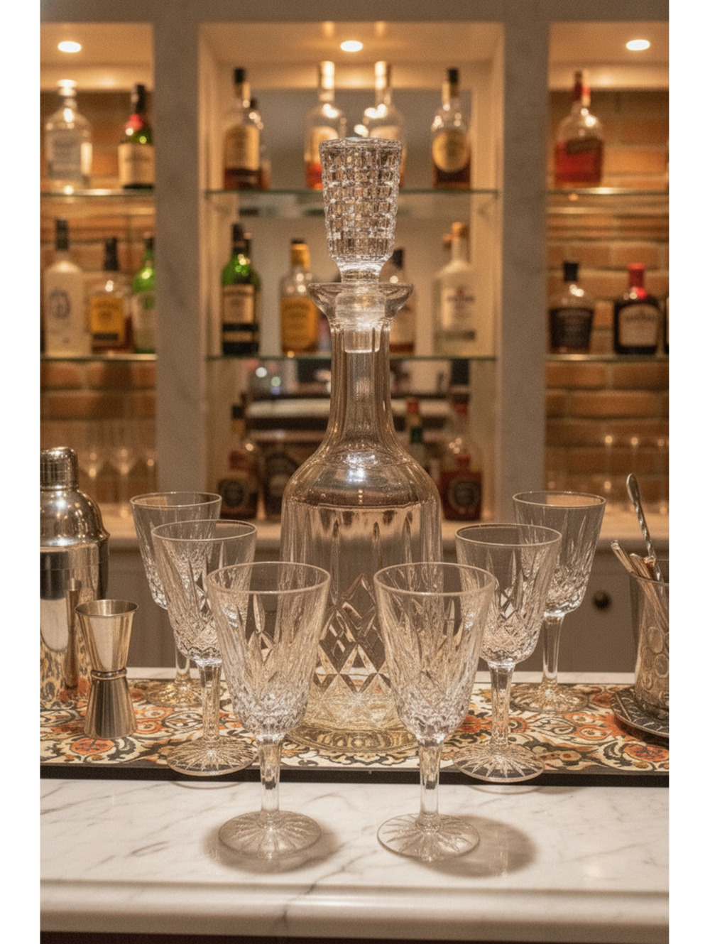Waterford Lismore Tall Cut Crystal Decanter & 6 Cherry/wine Glasses 5 1/8 “ Tall